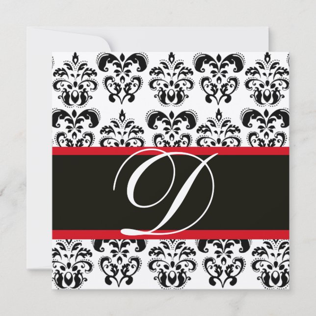SILVER & SCHWARZE ROTE DAMASK-MONOGRAMM, weiß Einladung (Vorderseite)