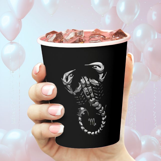 Silver Scorpio Zodiac Sign Astrologie Skorpion Pappbecher (silver scorpio scorpion zodiac sign birthday paper cup with black background)