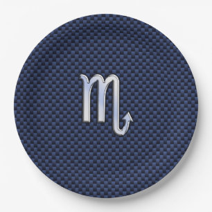 Silver Scorpio Zodiac Symbol Navy Carbon Fibre Pappteller