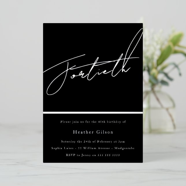 Silver Script 40. Geburtstag Party Silver Folieneinladung (Stehend vorne)