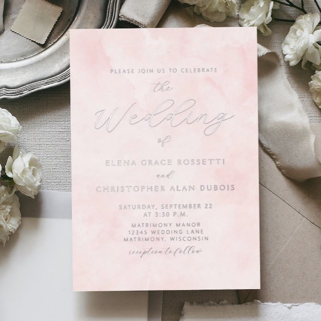 Silver Script Blush Watercolor Wash Wedding Folieneinladung (Von Creator hochgeladen)
