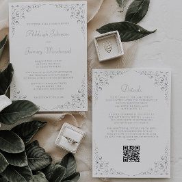 Silver Script Botanical Frame QR Code Hochzeit Einladung