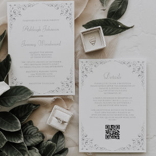Silver Script Botanical Frame QR Code Hochzeit Einladung