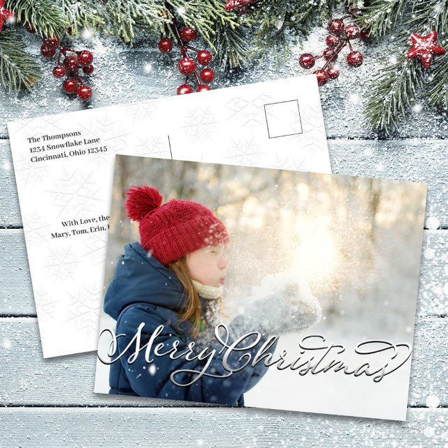 Silver Script Frohe Weihnachten Foto (Merry Christmas Holiday Photo Postcard Template)