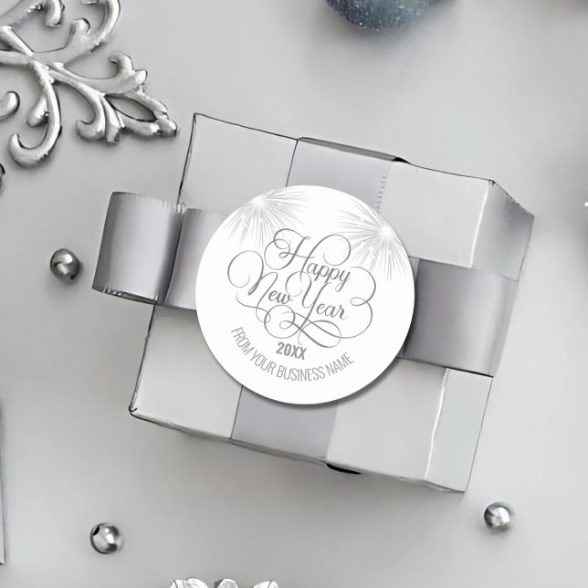 Silver Script Happy Neues Jahr Runder Aufkleber (Von Creator hochgeladen)