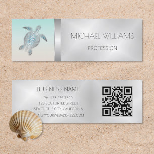 Silver Sea Turtle QR Code Beach Style Mini Visitenkarte