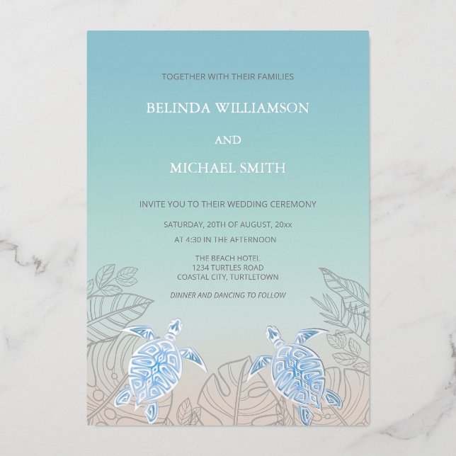 Silver Sea Turtles Turquoise | Beach Wedding Folieneinladung (Vorderseite)