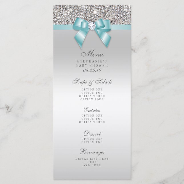 Silver Sequin Aquamarin Bow Baby Showmenü Menükarte (Vorderseite)