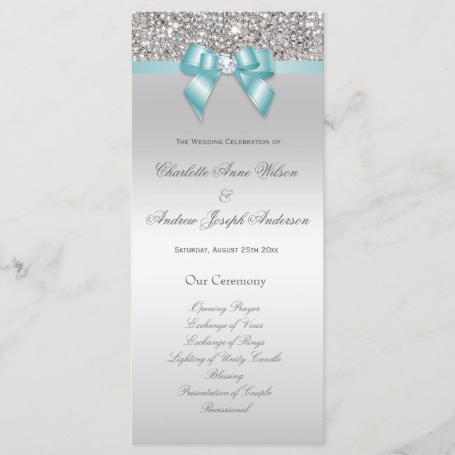 Silver Sequin Aquamarin Bow Wedding Program Programm (Vorderseite)