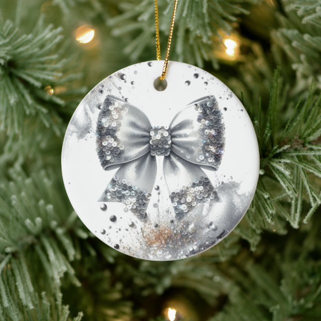 Silver Sequin Bow Glam Radiance Keramik Ornament (Baum)