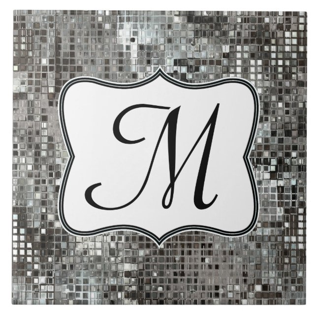 Silver Sequin Dazzle Glitz Monogram Display Tile Fliese (Vorderseite)