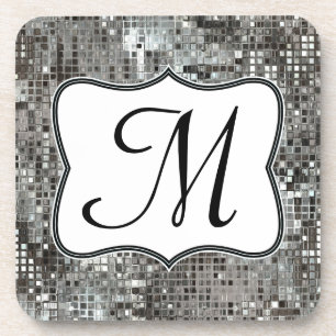 Silver Sequin Dazzle Glitz Monogram Drink Unterset Getränkeuntersetzer