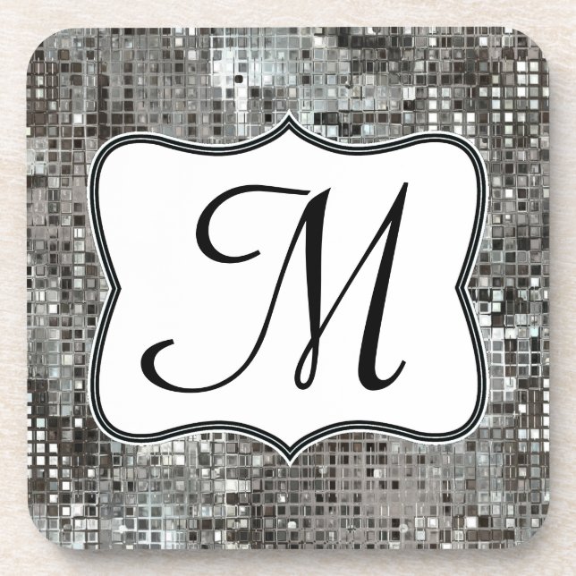 Silver Sequin Dazzle Glitz Monogram Drink Unterset Getränkeuntersetzer (Vorderseite)