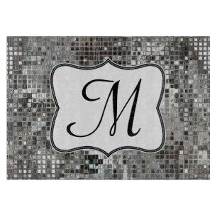 Silver Sequin Dazzle Monogram Glasschneidplatte Schneidebrett