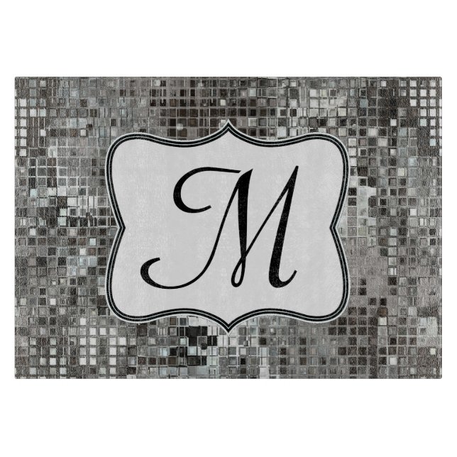 Silver Sequin Dazzle Monogram Glasschneidplatte Schneidebrett (Vorderseite)