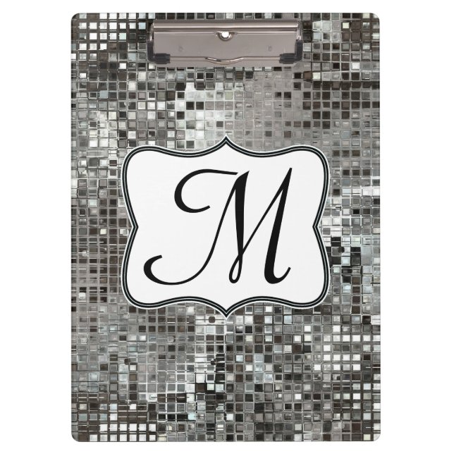 Silver Sequin Dazzle Monogram Initial Clip Board Klemmbrett (Vorderseite)