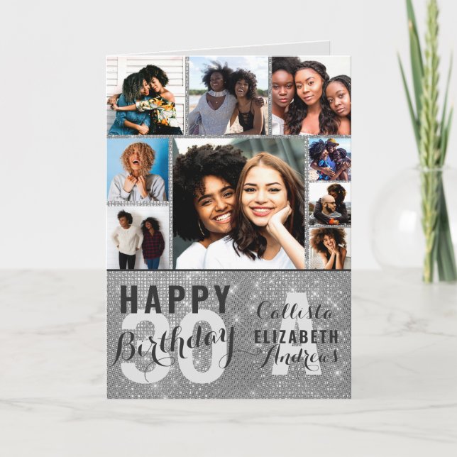 Silver Sequin Foto Collage Happy Birthday Card Karte (Vorderseite)