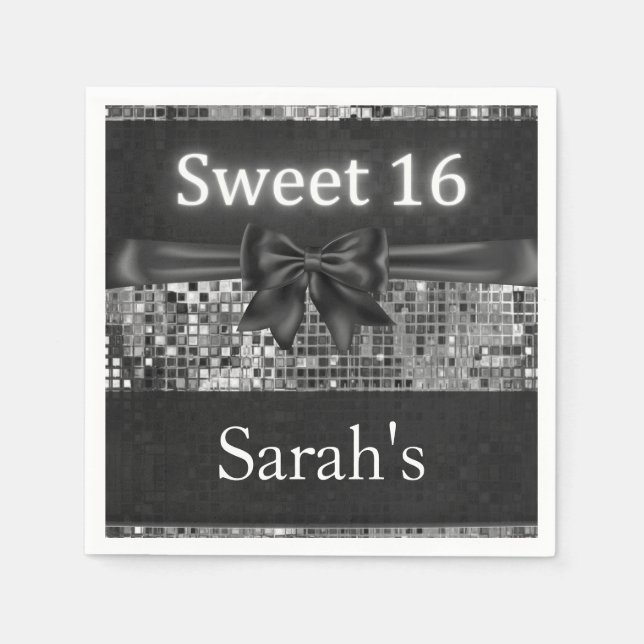 Silver Sequin und Black Bow Sweet 16 Napkins Serviette (Vorderseite)