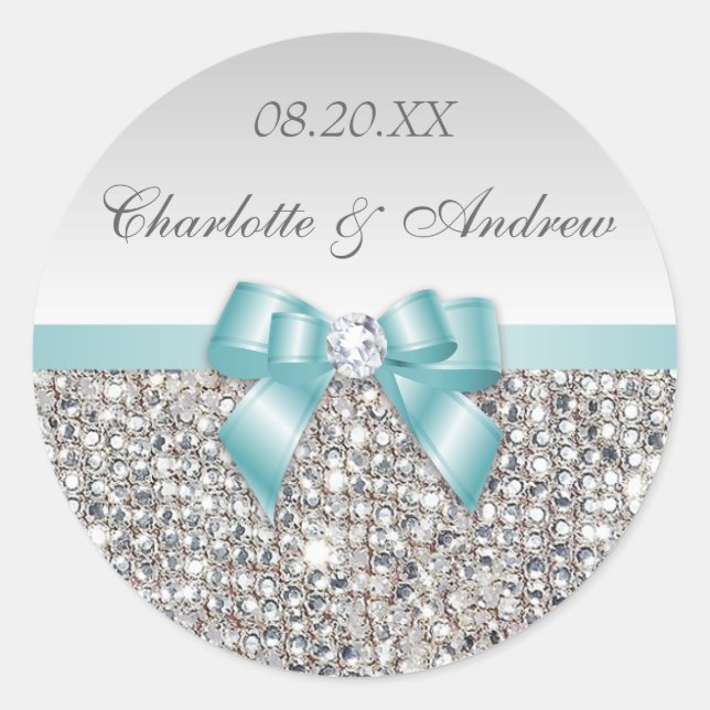 Silver Sequins Aquamarin Bow and Diamond Wedding Runder Aufkleber (Vorderseite)