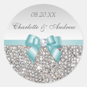 Silver Sequins Aquamarin Bow and Diamond Wedding Runder Aufkleber