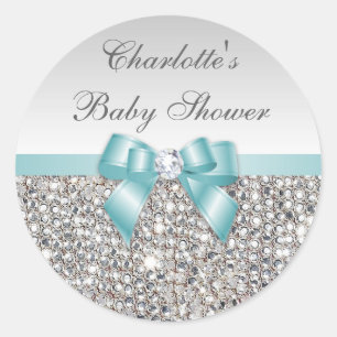 Silver Sequins Aquamarin Bow Diamond Baby Dusche Runder Aufkleber