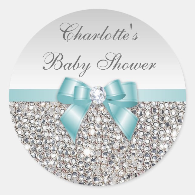 Silver Sequins Aquamarin Bow Diamond Baby Dusche Runder Aufkleber (Vorderseite)