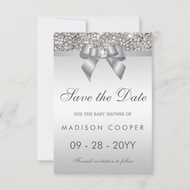 Silver Sequins Bling Bow Save the Date Babydusche (Vorderseite)