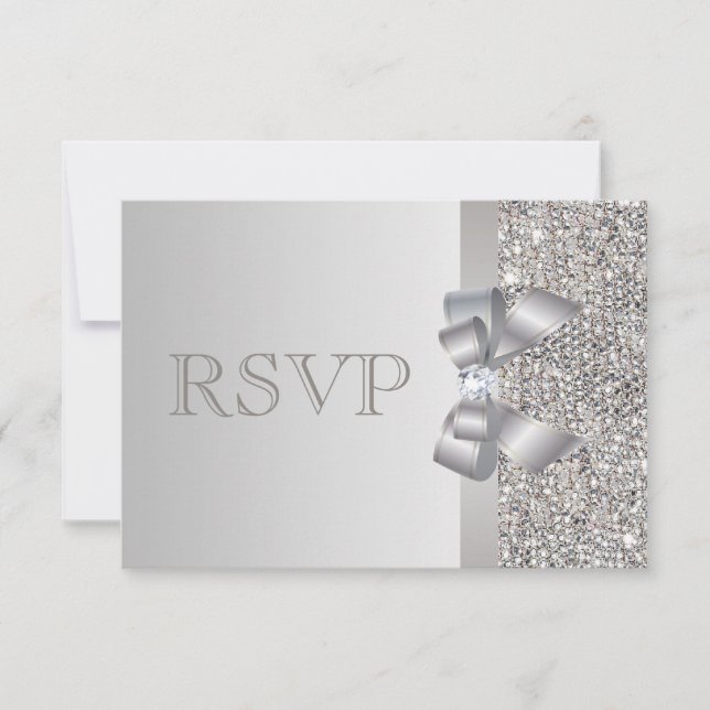 Silver Sequins, Bow & Diamond UAWG Wedding RSVP Karte (Vorderseite)