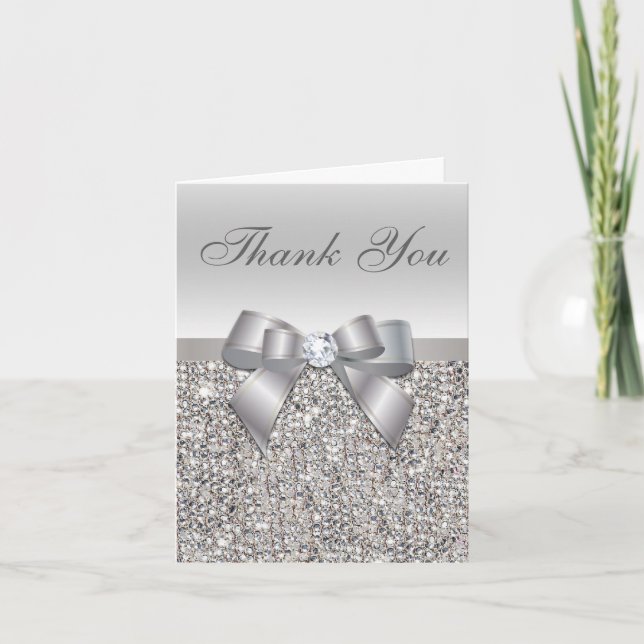 Silver Sequins, Bow & Diamond Wedding Vielen Dank Dankeskarte (Vorderseite)
