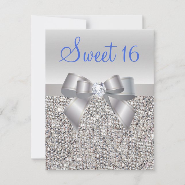 Silver Sequins & Bow Royal Blue Text Sweet 16 Einladung (Vorderseite)