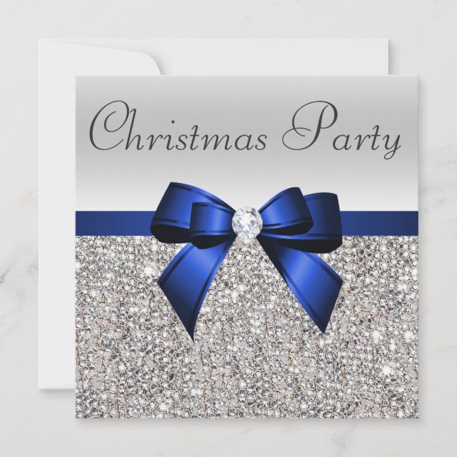 Silver Sequins Christmas Party Blue Diamond Bow Einladung (Vorderseite)