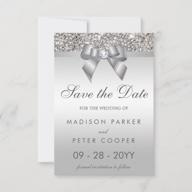 Silver Sequins Diamond Bow Save the Date Hochzeit (Vorderseite)