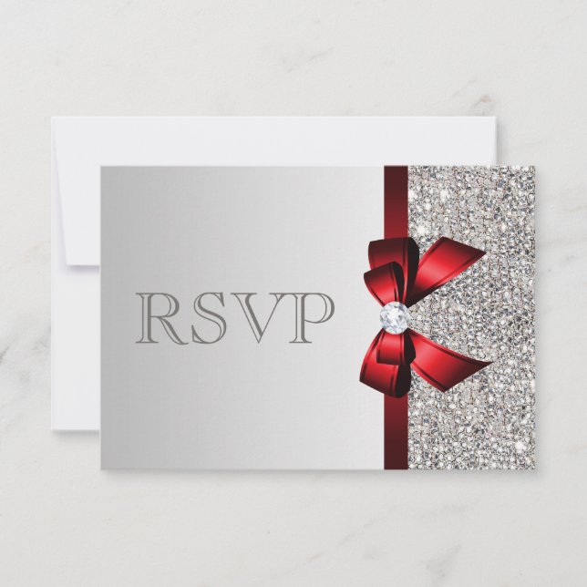 Silver Sequins Diamond Red Bow Wedding RSVP (Vorderseite)