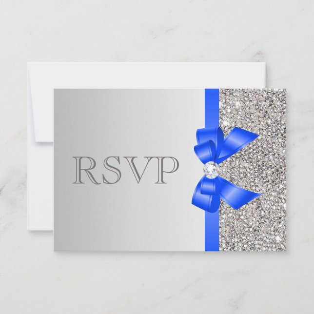 Silver Sequins Diamond Royal Blue Bow Wedding RSVP (Vorderseite)