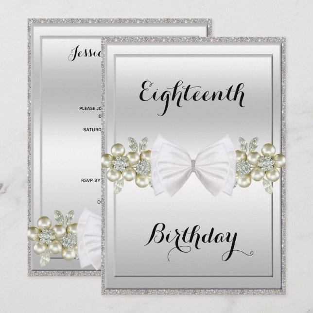 Silver Sequins & Floral Gemes Glitzer Bow Birthday Einladung (Vorne/Hinten)