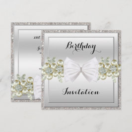 Silver Sequins & Floral Gemes Glitzer Bow Geburtst Einladung