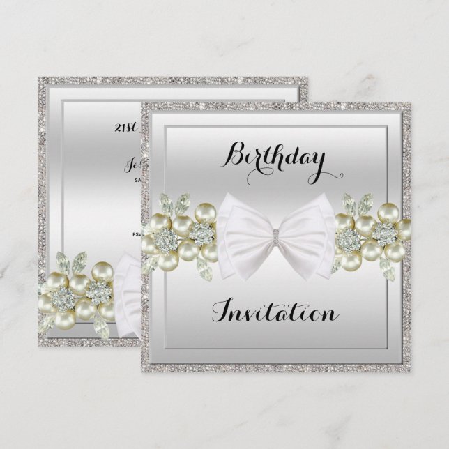 Silver Sequins & Floral Gemes Glitzer Bow Geburtst Einladung (Vorne/Hinten)