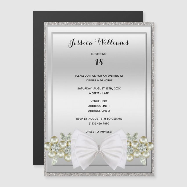Silver Sequins & Floral Gemes Glitzer Bow Geburtst Magneteinladung (Vorne/Hinten)