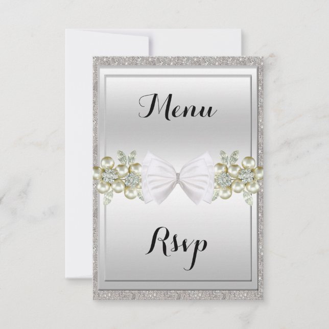 Silver Sequins & Floral Gemes Glitzer Bow Menü UAW RSVP Karte (Vorderseite)