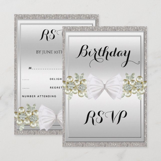 Silver Sequins & Floral Gemes Glitzer Bow UAWG Einladung (Vorne/Hinten)