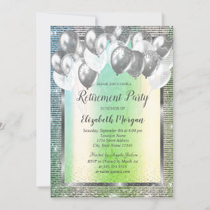 Silver Sequins Frame Balloons Green Retirement Einladung