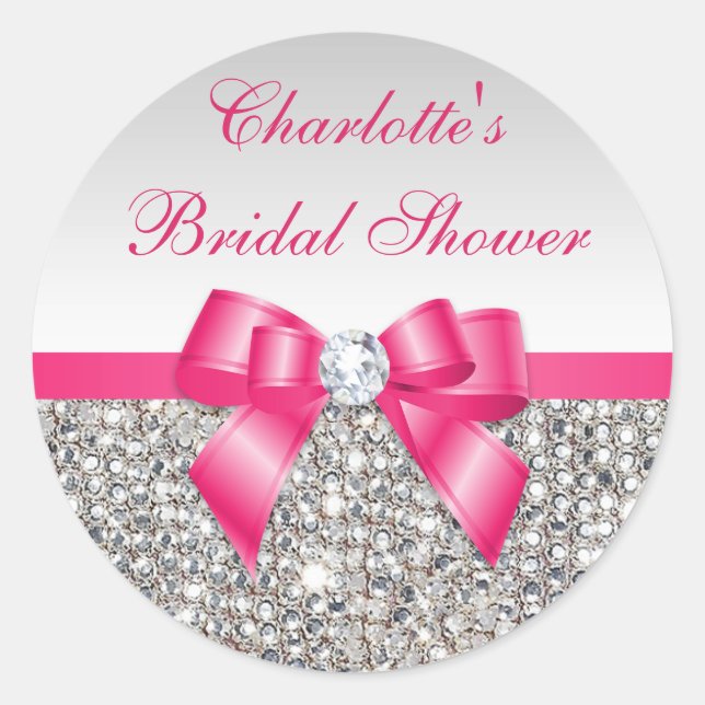 Silver Sequins Hot Pink Bow Diamond Brautparty Runder Aufkleber (Vorderseite)