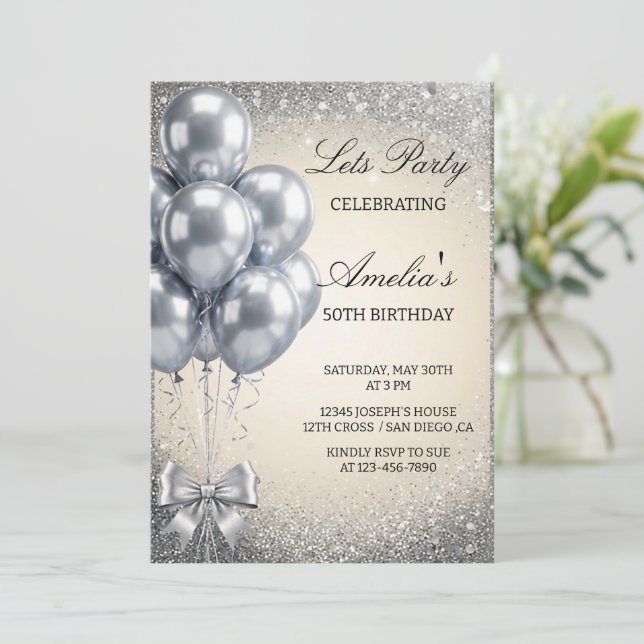 Silver Sequins Let's Birthday Party Invitation Einladung (Stehend Vorderseite)