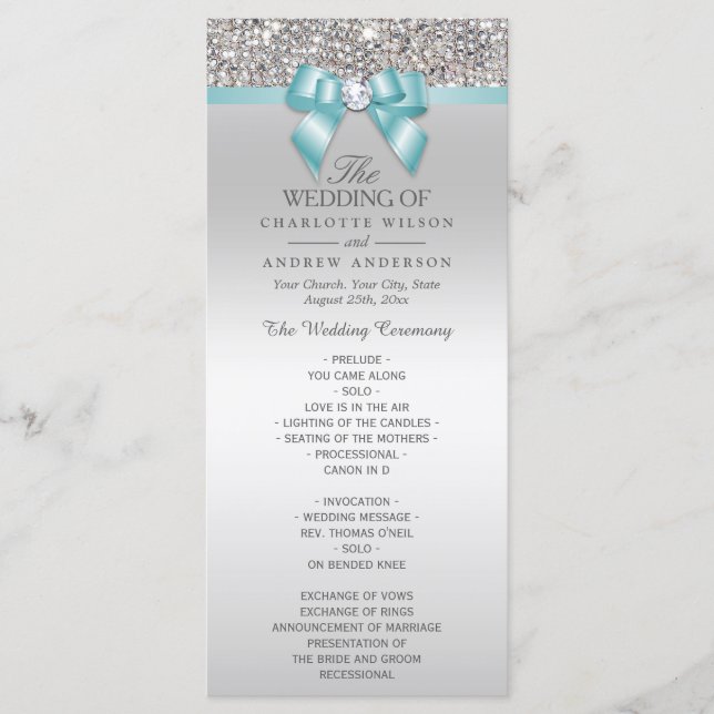 Silver Sequins Light Aquamarin Bow Wedding Program Programm (Vorderseite)