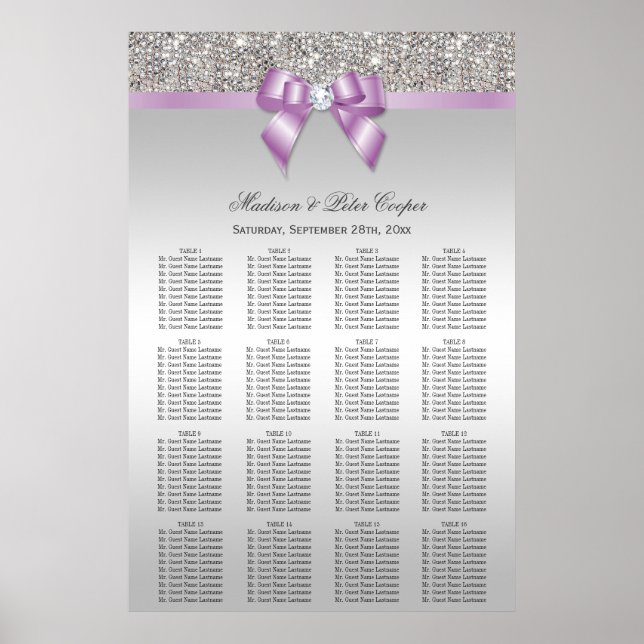 Silver Sequins Lilac Bow Wedding Chart Poster (Vorne)