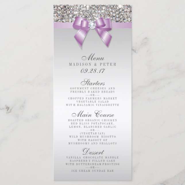 Silver Sequins Lilac Bow Wedding Menu Menükarte (Vorderseite)
