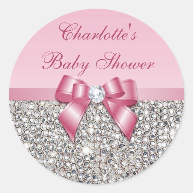 Silver Sequins Pink Bow Diamond Baby Dusche Runder Aufkleber (Vorderseite)