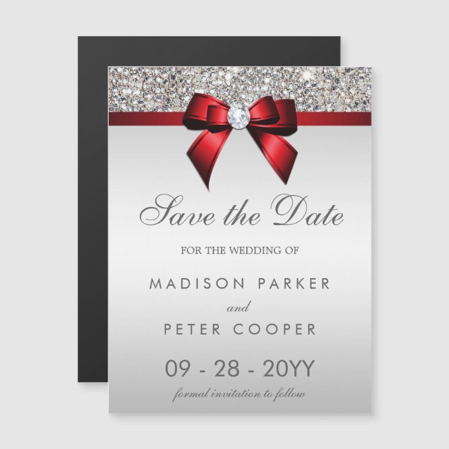 Silver Sequins Red Bow Save the Date Wedding Magneteinladung (Vorne/Hinten)