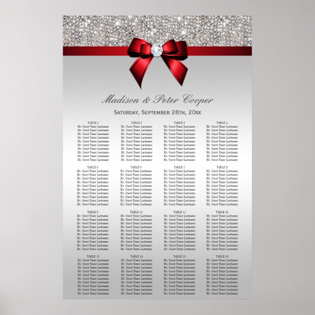 Silver Sequins Red Bow Wedding Chart Poster (Vorne)