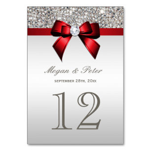 Silver Sequins Red Bow Wedding Tischnummer Cards
